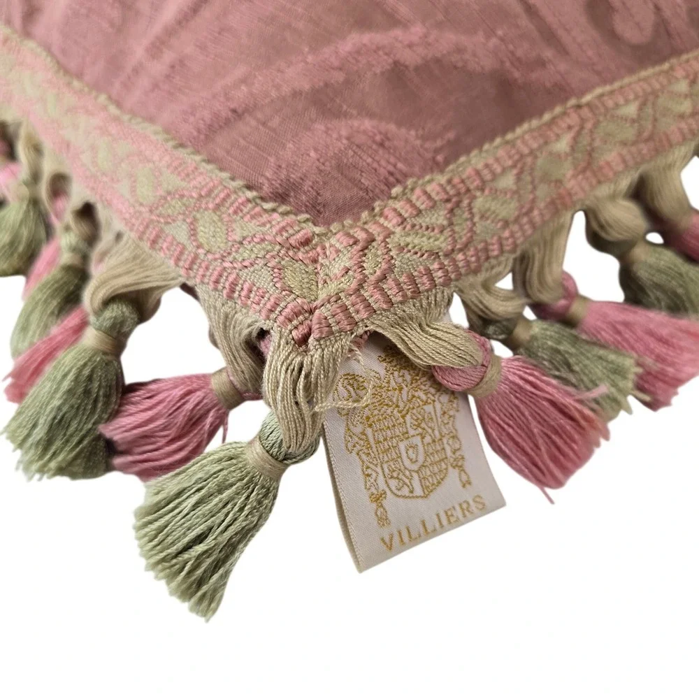 Villiers Regency Pink Damask Silk Tassel Fringe Decorative Accent Pillow 12x12‎